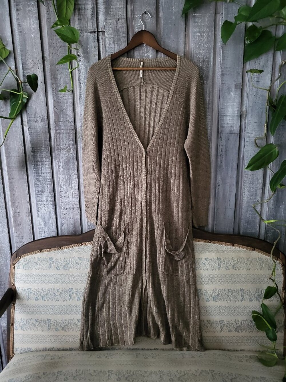 Free People Shadow Stripe Ribbed Knit Duster Cardigan Olive Khaki S